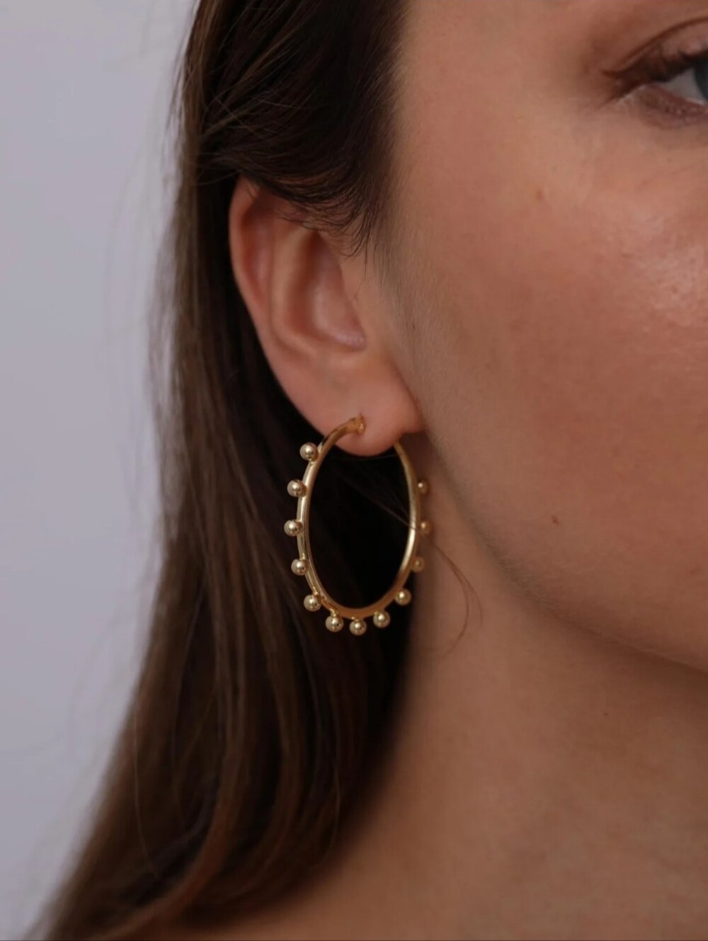 Gold Beaded Hoop Earrings Stainless Steel Studded Ball Hoops Womens Jewelry - Picture 2 of 9